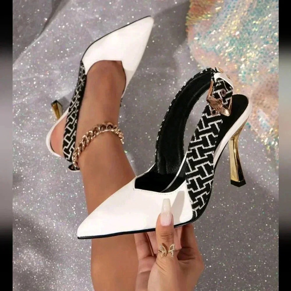Women'S Buckle Closure Pointed Toe Hollow Out Splice Stiletto Heels, White Dress - Picture 3 of 6